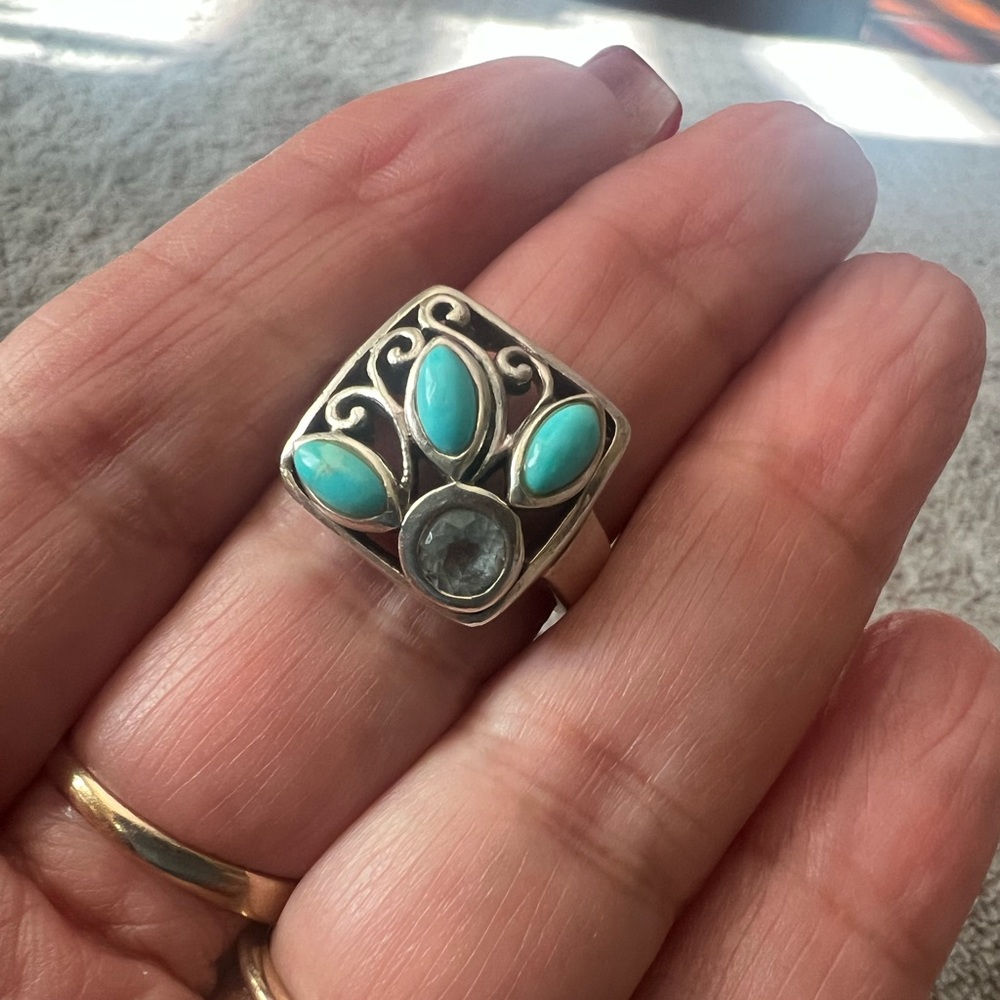 Elegant .925 NK Silver Aqua Marine and Turquoise Flower Ring